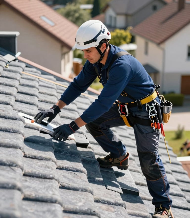 A professional roofer in safety gear inspecting a tile roof in a Western European residential area. Bright natural daylight, clean composition, showing expertise and reliability. Palette uses deep blue and slate gray tones.