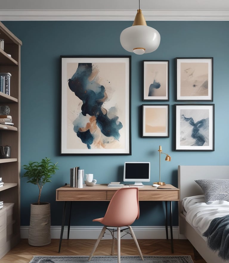 A cozy living room wall decorated with a framed printable abstract art piece in warm earth tones.