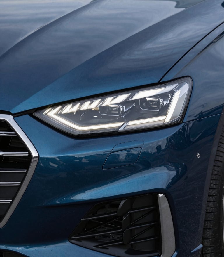 Close-up of a sleek, modern car headlight and grille, emphasizing sophisticated technology. The color palette is dominated by deep steel blue and midnight blue reflections, conveying trust and expertise.
