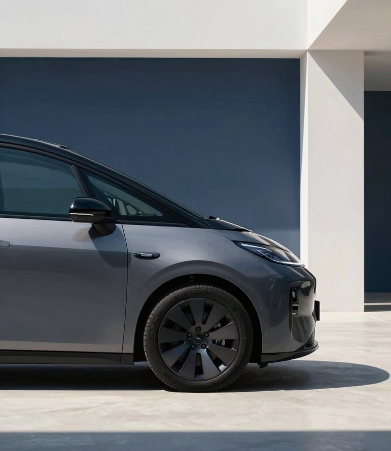 A sleek, modern vehicle parked in a bright, minimalist architectural space with muted navy blue shadows and clean lines, emphasizing value and quality.