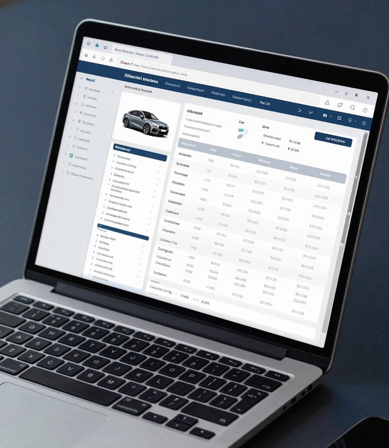 A close-up photograph of a professional laptop screen displaying a detailed car valuation report and financial documents on a clean desk, dark charcoal blue accents, professional lighting.