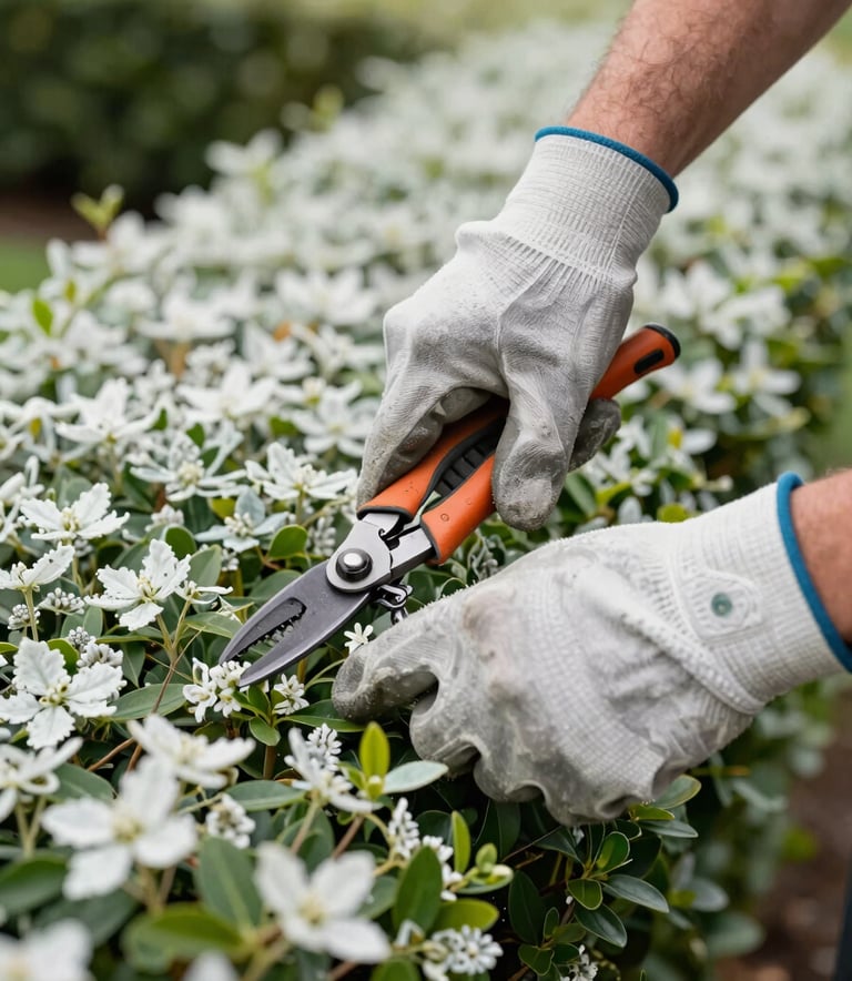 A close-up photograph of a professional landscaper's hands in durable work gloves using precision trimming tools on a hedge in a North American residential yard. The lighting is bright and clear, emphasizing a clean-cut finish and meticulous care. Soft mist white and deep forest green foliage colors are present.