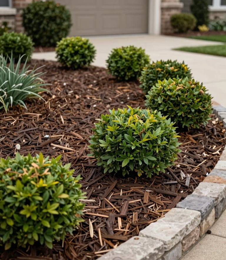Meticulously maintained flower bed in a US residential front yard, featuring fresh dark brown mulch, neatly pruned ornamental shrubs, and defined stone edging, clear and professional aesthetic.