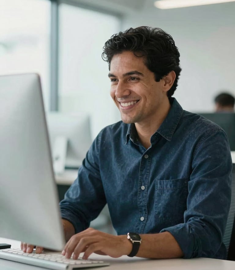A Latin American entrepreneur smiling while looking at a desktop computer in a bright, modern workplace. The atmosphere is professional and optimistic, with soft teal and white colors in the background.