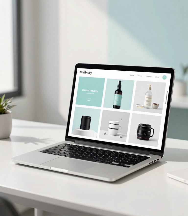 A high-end product gallery professionally displayed on a laptop screen, positioned on a clean white desk in a modern Latin American office setting. The composition is clean and minimalist with soft morning light and pale cyan accents.