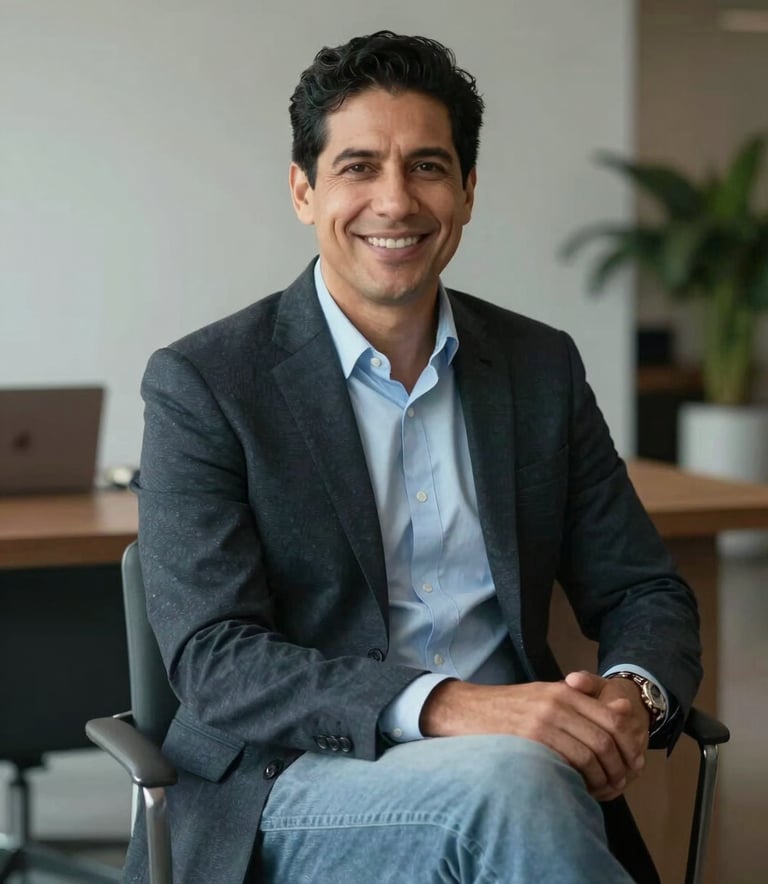 A professional portrait of a Latin American entrepreneur sitting in a sophisticated, minimalist office. They are looking at the camera with a confident and optimistic smile, wearing modern business-casual attire, with charcoal and light blue tones in the decor.