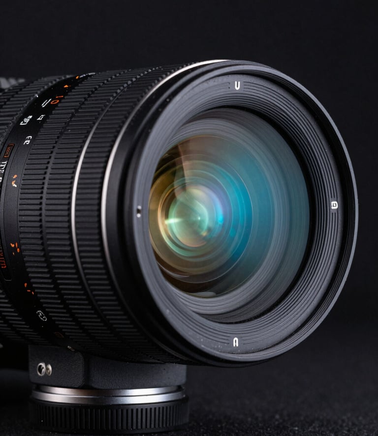 Close-up macro photography of a high-end cinema camera lens reflecting neon blue and cyan lights in a dark, minimalist studio. The atmosphere is sophisticated and technological, representing professional quality and premium growth services.