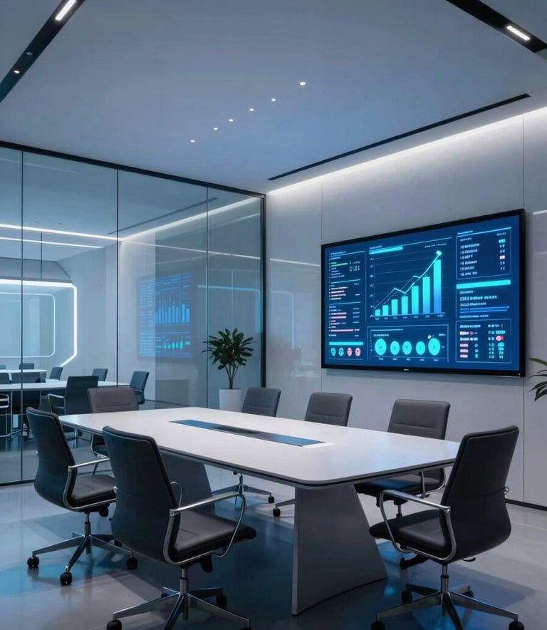 A wide-angle professional photograph of a futuristic boardroom in a Brazilian tech hub. The room features glass walls, soft neon blue ambient lighting, and minimalist ergonomic furniture. Large digital screens display glowing growth data and social media metrics in a clean, high-tech style.