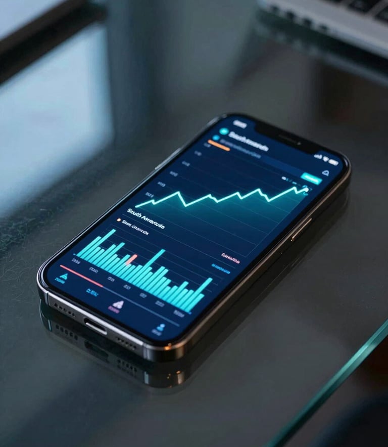 A close-up, high-angle shot of a sleek smartphone on a dark glass table in a modern office in São Paulo. The screen shows vibrant, upward-trending analytics charts with neon cyan highlights. The lighting is moody with soft blue reflections on the table surface, embodying a professional South American business atmosphere.