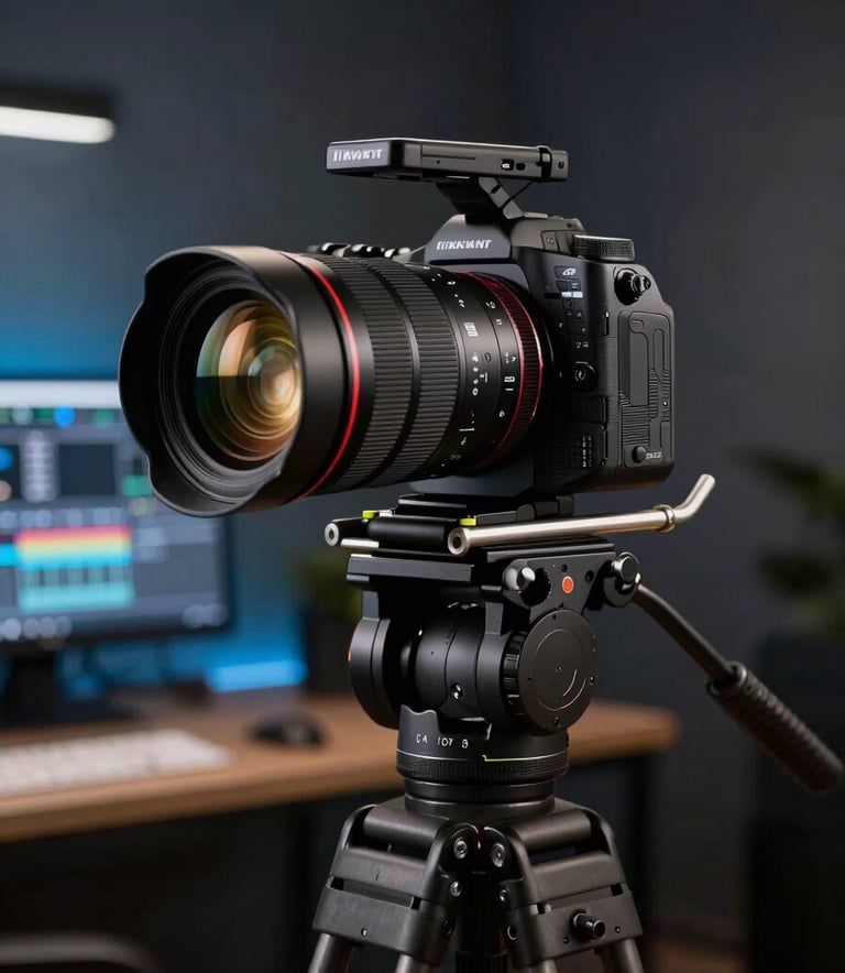 Detailed shot of a professional camera rig on a tripod in a modern Brazilian studio. The background is a soft-focus dark interior with subtle blue light leaks. The camera lens reflects the glowing screens of an editing suite nearby, conveying high-end technology and precision.