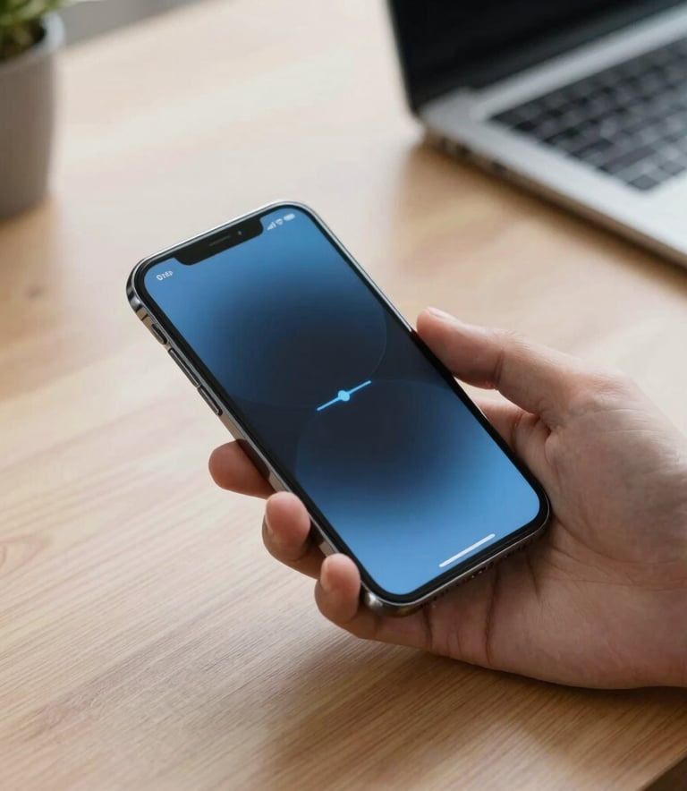 A clean, high-angle shot of a hand holding a modern smartphone over a wooden desk in a bright North American office. The screen shows a sleek, user-friendly app interface with steel blue highlights, emphasizing modern innovation.