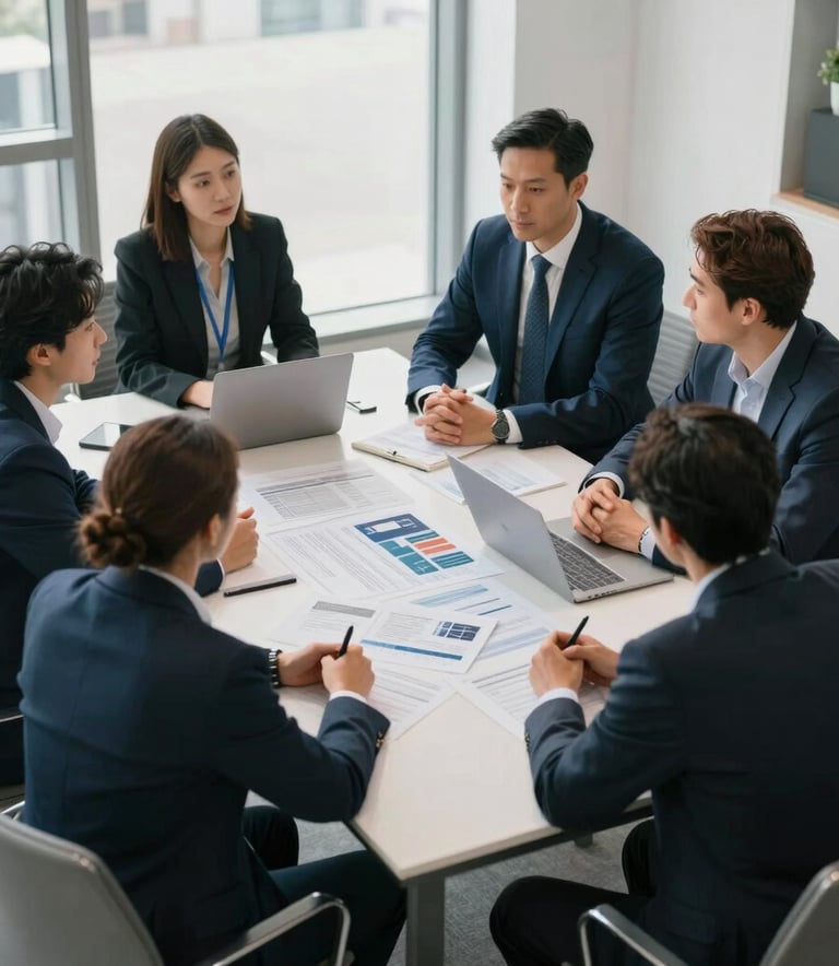 A high-angle shot of a professional North American collaborative team meeting in a bright, modern office in Kitchener, Ontario. They are discussing a project around a sleek table, with soft natural light and a palette of deep blues and light grays.