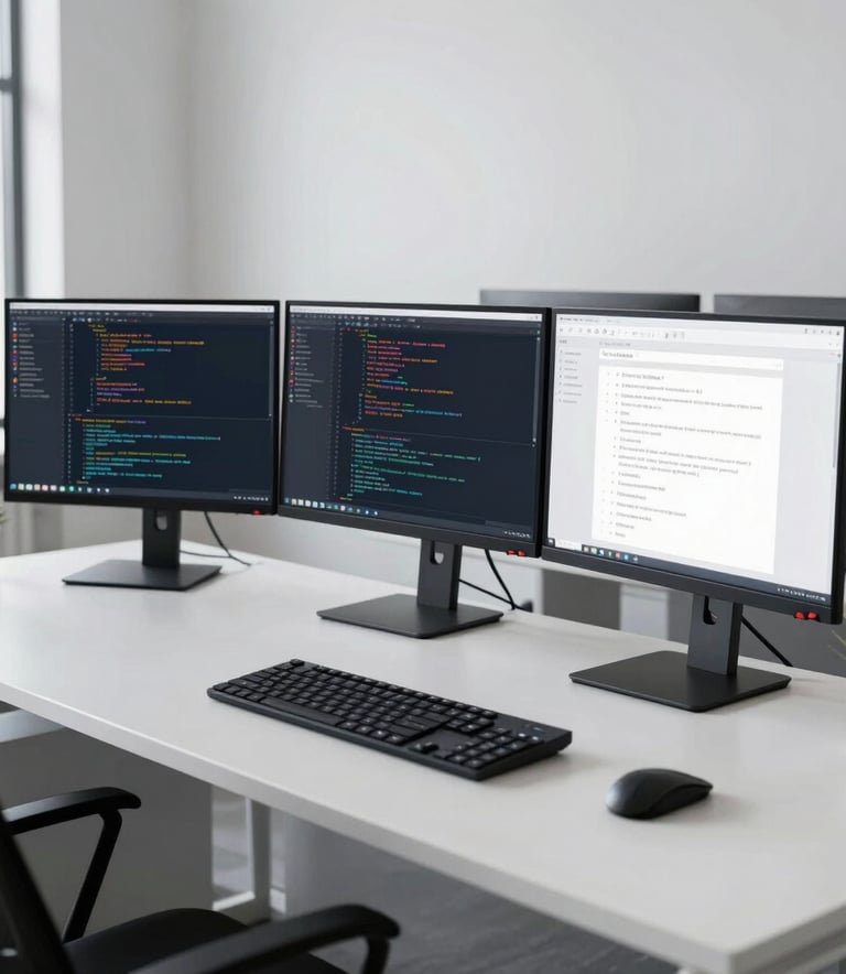 A minimalist, high-tech workspace featuring multiple monitors showing code and app designs. The setting is a bright, airy office in North America with clean lines and professional lighting.