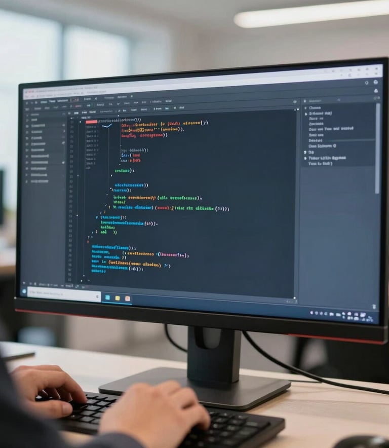 A professional close-up of a software engineer working on a large high-resolution monitor displaying clean lines of code in a bright, modern Canadian tech hub with soft off-white and medium blue lighting.