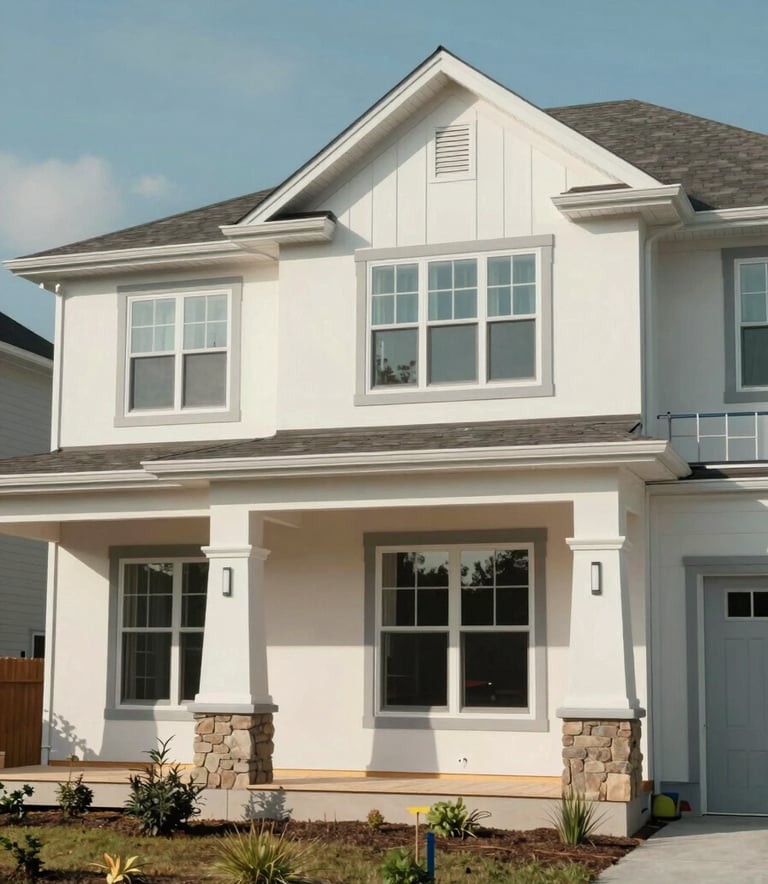 A modern suburban home with off-white walls and silver-grey trim under construction in the North American / US region, bright natural lighting.