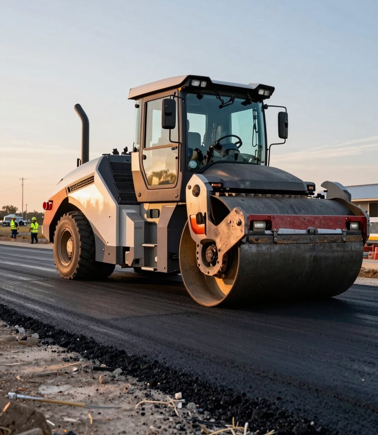 Wide-angle photography of a North American road construction site. A modern asphalt paver and a heavy steam roller operate at sunset. The lighting is warm and dramatic, highlighting the charcoal gray of the fresh pavement and the slate blue reflections on the machinery. Professional crew members in safety gear are visible in the distance under a clear sky.