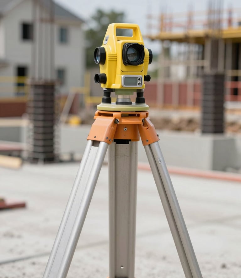 Close-up photography of a commercial construction site in the US. A surveyor's transit level stands on a tripod in the foreground, with the blurry shapes of a residential foundation being poured in the background. The scene emphasizes precision and professionalism, featuring colors like silver metal and off-white concrete.