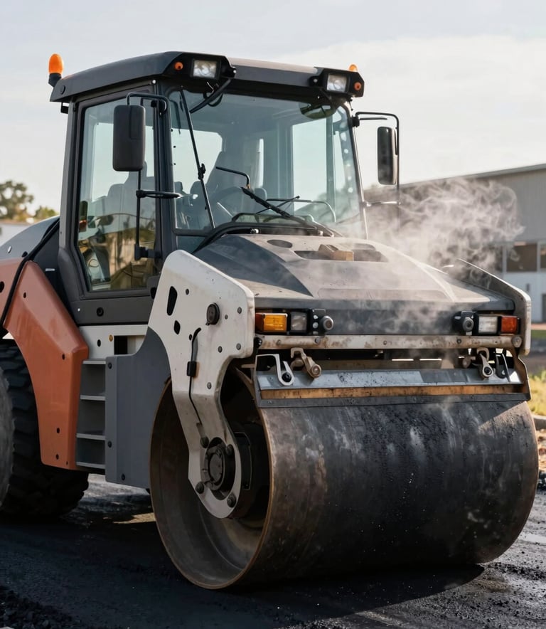 Close-up of a heavy-duty road roller on fresh dark charcoal asphalt, steam rising in the morning sun, professional industrial photography in a North American / US setting.