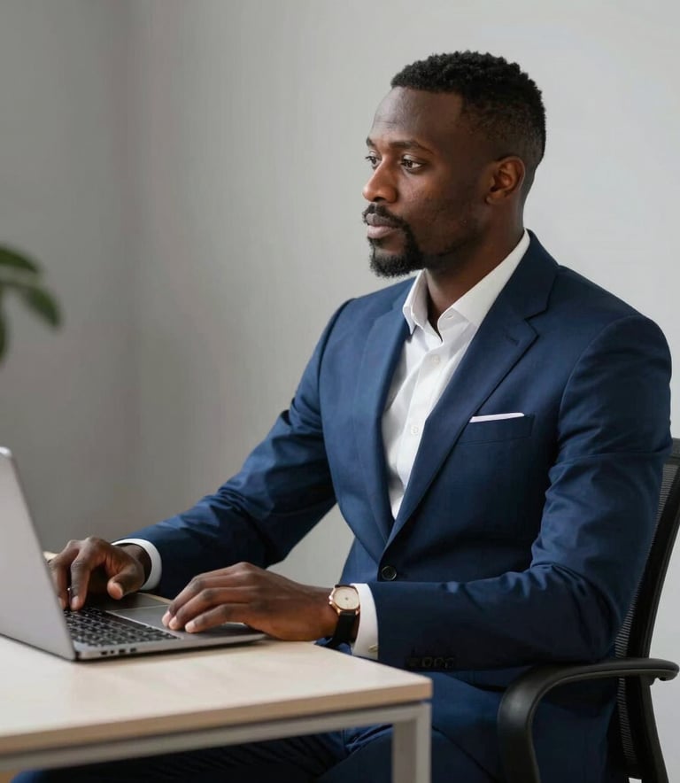 Un consultant ivoirien élégant en costume moderne debout dans un bureau lumineux au design minimaliste. Il regarde vers l'avenir avec confiance, symbolisant la fiabilité de l'investissement chez MYRACLES GROUP. Couleurs dominantes : bleu de prusse et gris clair.