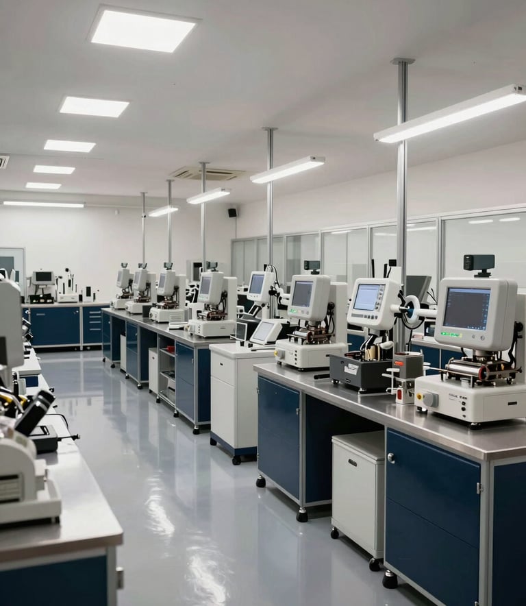 An wide-angle architectural shot of a clean, modern electromechanical workshop in América do Sul / Brasileiro. The space is organized with high-end diagnostic tools, metallic surfaces, and a polished floor reflecting the professional Dark Navy and Off-White brand colors.