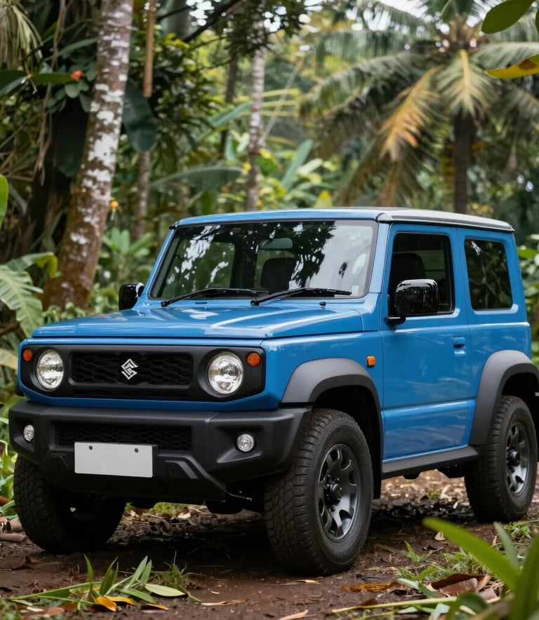 A bright Blue Suzuki Jimny parked in a lush, tropical Indonesian forest setting. Soft natural lighting, professional outdoor photography, highlighting the vehicle's rugged design.