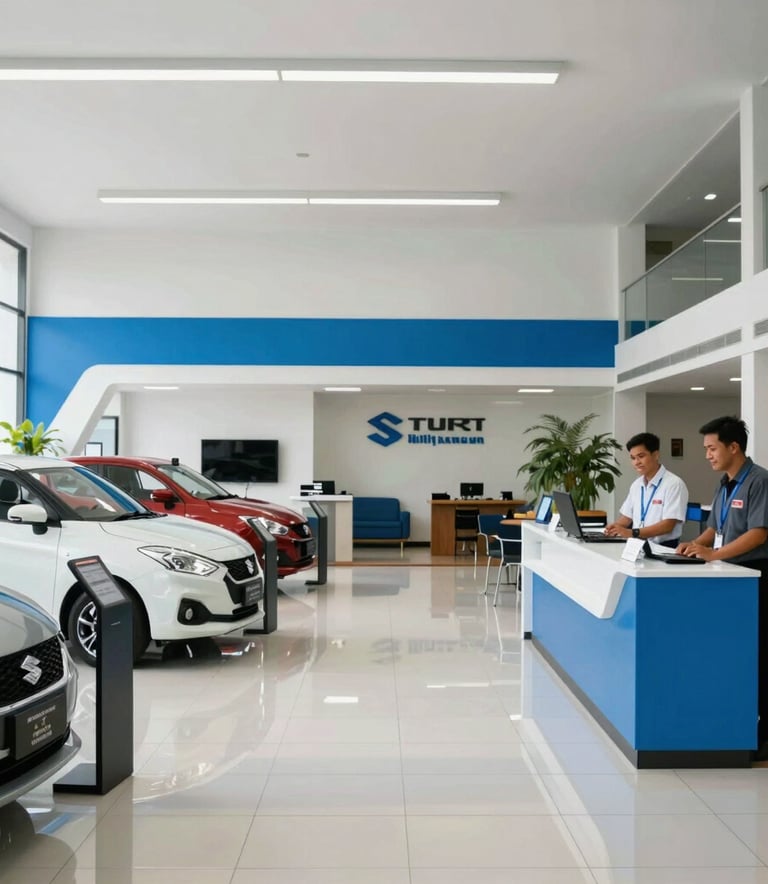 A wide-angle interior shot of a modern Suzuki showroom in Indonesia. The space is clean, with sky blue and white accents, featuring several car models on display and a professional reception desk with friendly Southeast Asian / Indonesian staff.