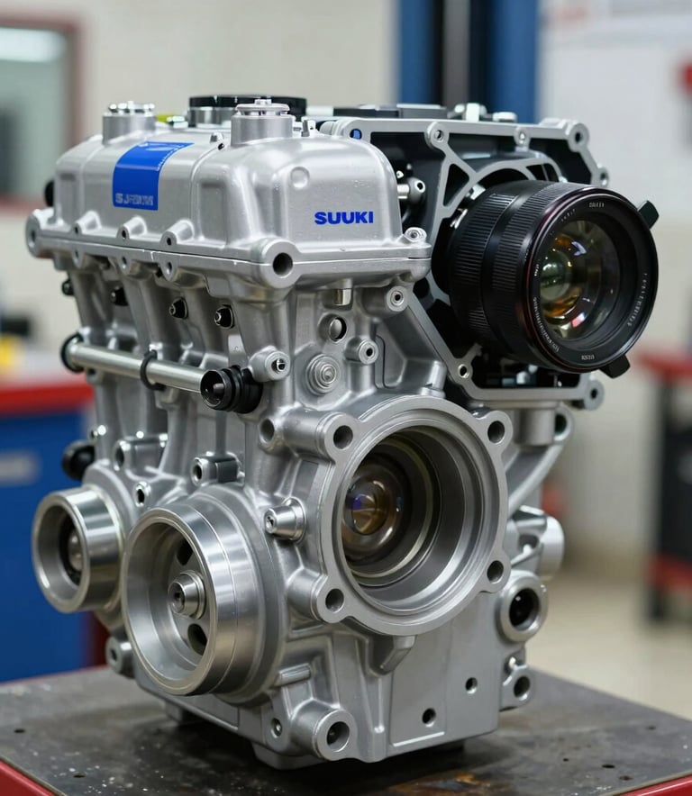 A close-up, high-detail professional photograph of a Suzuki engine and internal components, showcasing engineering precision and quality. Lighting is clean and modern with subtle royal blue highlights, reflecting a professional Indonesian service center environment.