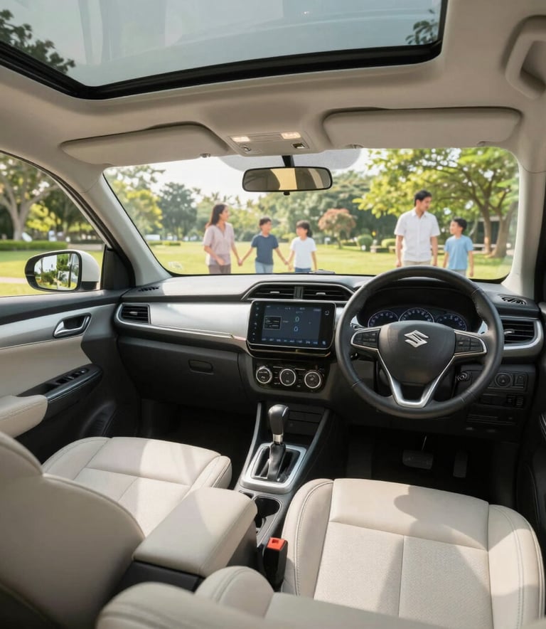 Interior shot of a Suzuki Ertiga, focusing on the spacious cabin and modern dashboard. Sunlight streaming in, Off-White leather details. Southeast Asian family silhouettes visible outside in a bright park.