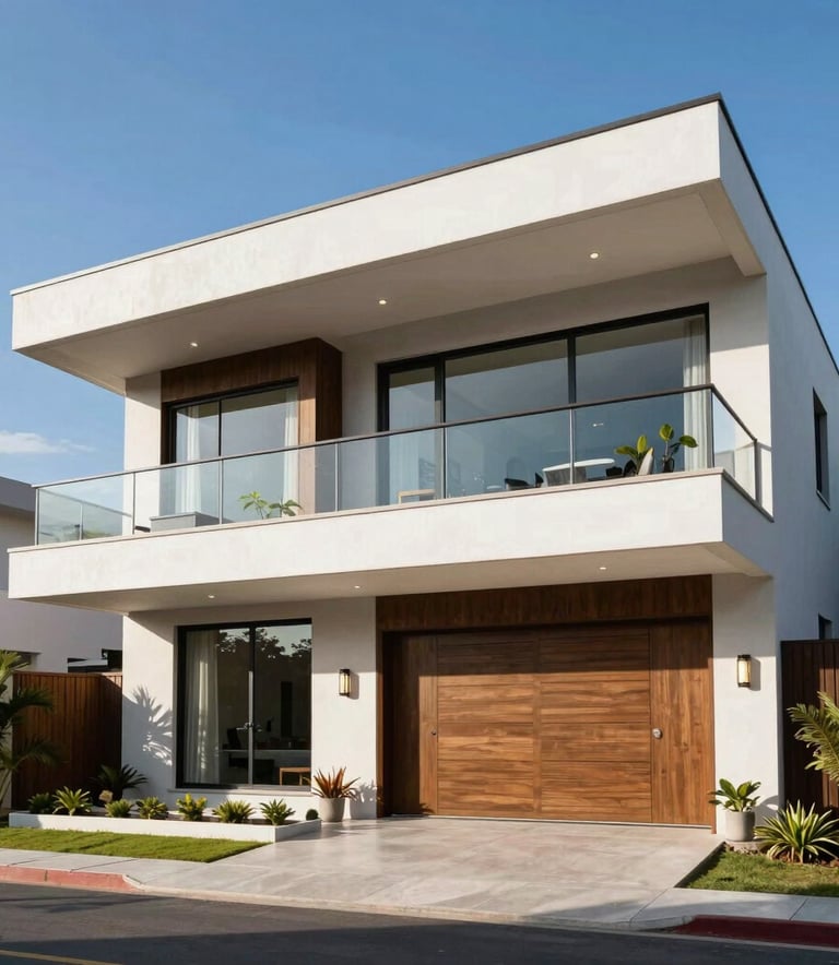 Modern architectural luxury home in a Colombian suburb, bright blue sky, high-quality real estate photography representing mortgage success, elegant and prestigious.