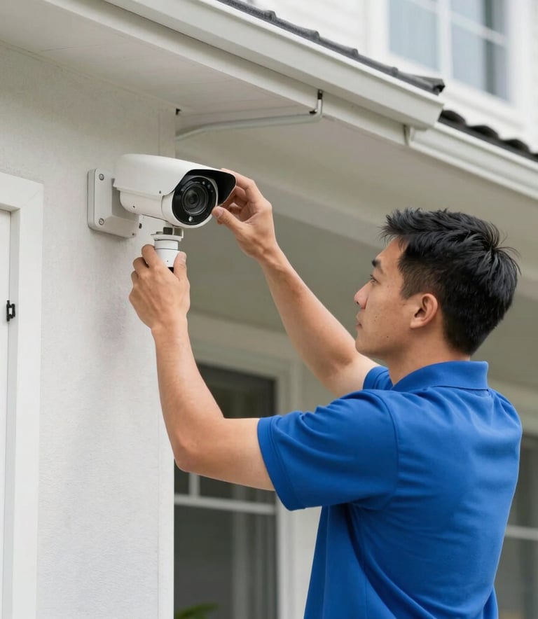 Professional security technician in a clean blue polo shirt installing a security camera on a modern North American home exterior during daytime, bright and trustworthy atmosphere.