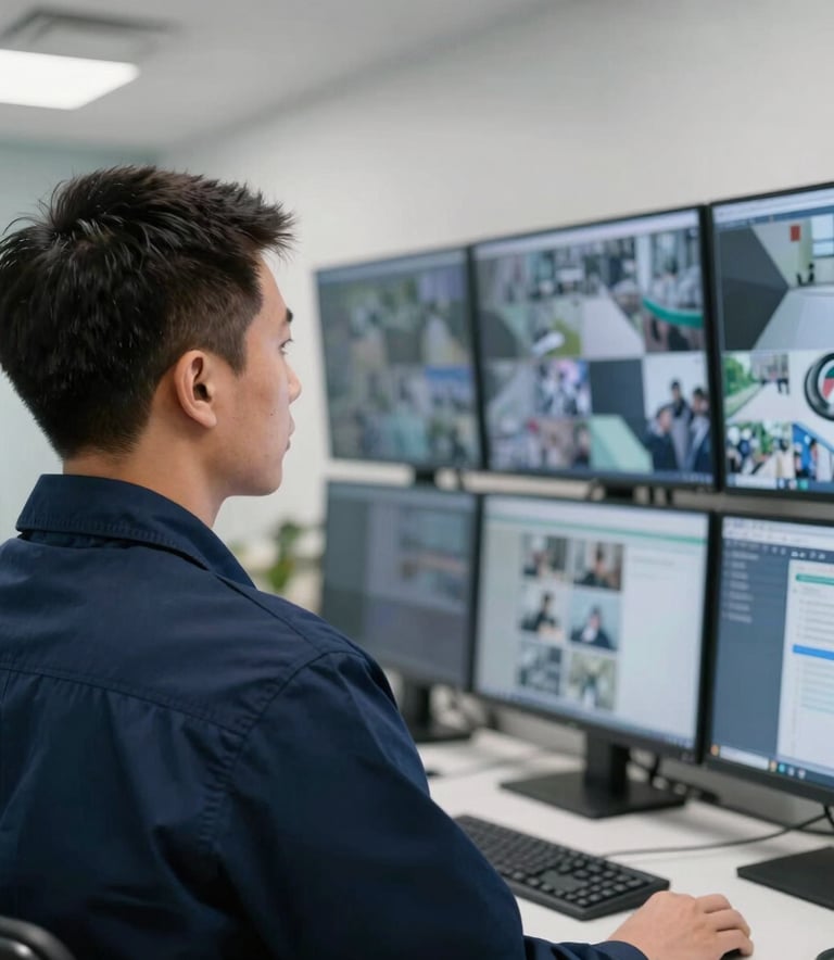 Over-the-shoulder shot of a technician in a navy blue uniform looking at a wall of security monitors in a clean, modern North American office, professional lighting, crisp composition.