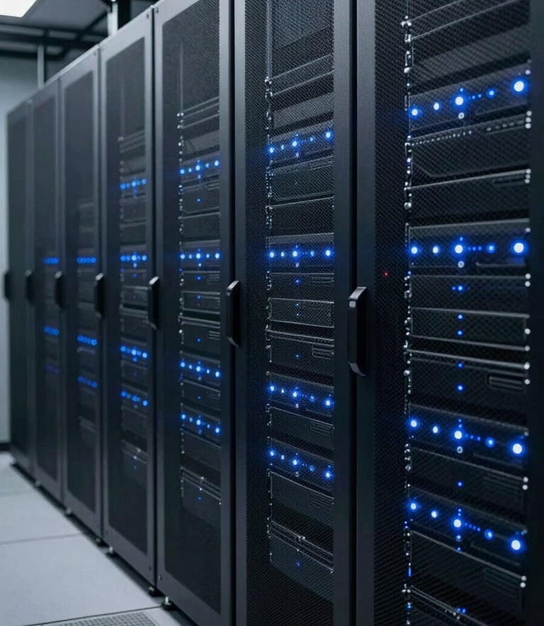 A sophisticated server room in a North American data center with rows of sleek server racks, illuminated by soft blue indicator lights, conveying technical proficiency and security.