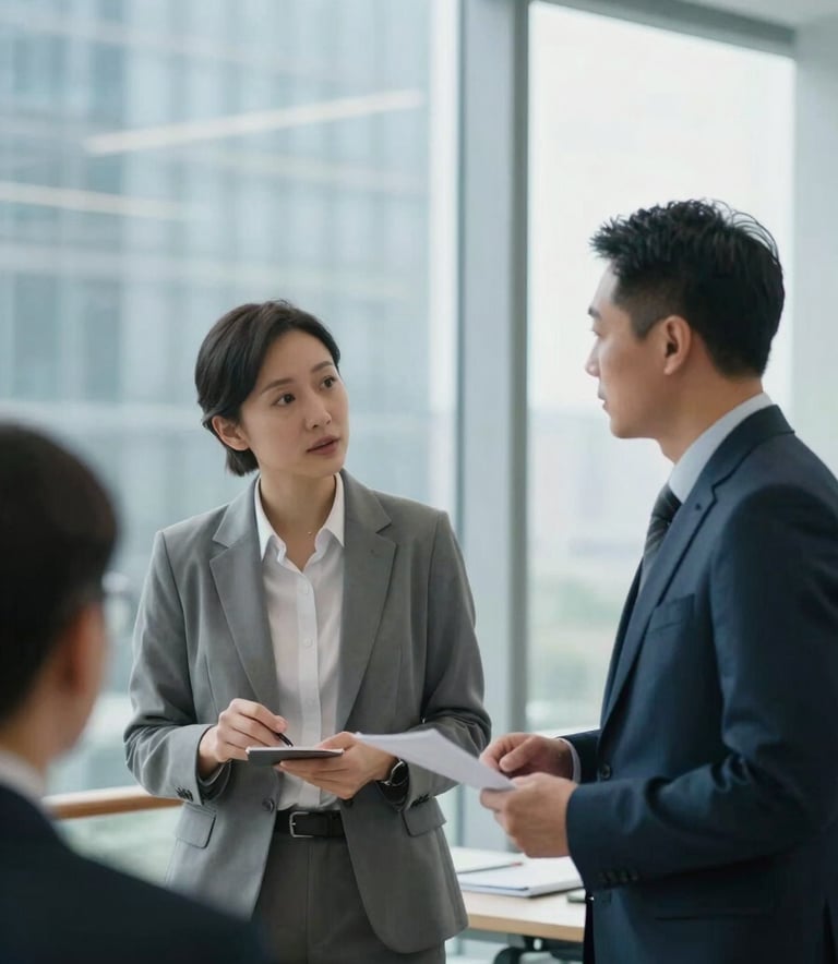 Photography of a professional consultant in corporate attire discussing data strategy in a bright, modern North American glass-walled office, soft natural lighting, light blue and white color palette.