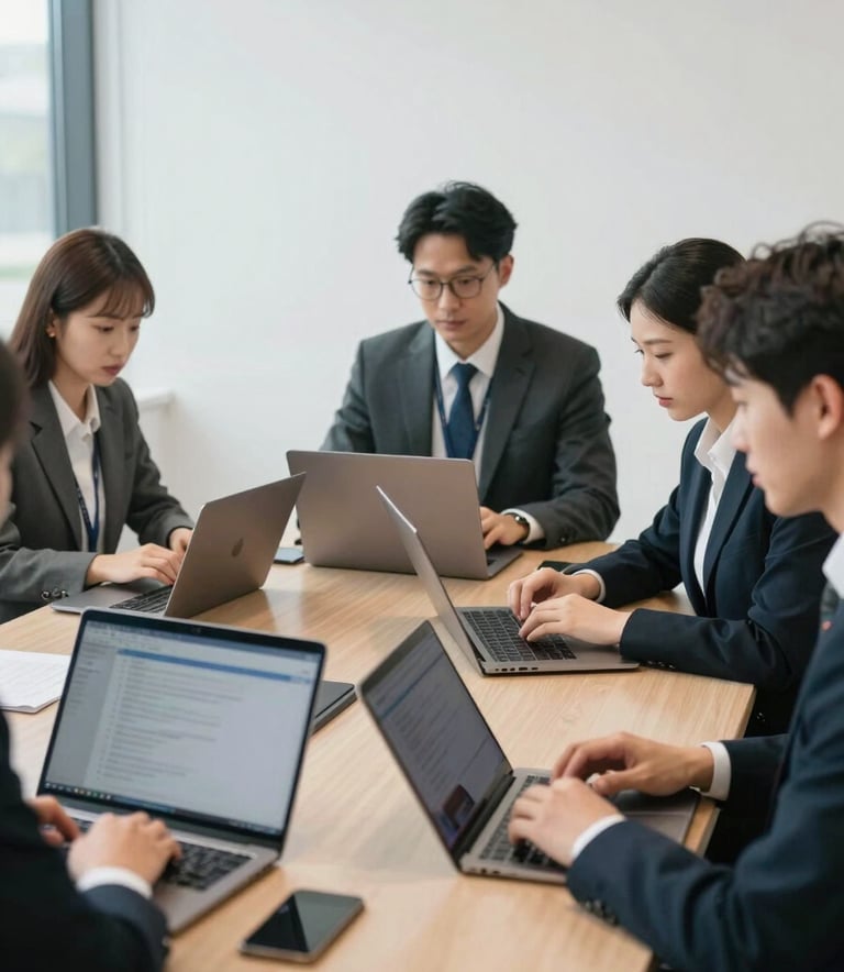 A collaborative business meeting in a bright, clean North American conference room, featuring professionals using modern laptops and a tablet, emphasizing efficiency and teamwork.
