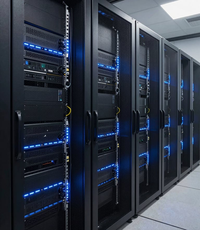 Photography of a clean, sophisticated North American server room with glowing blue accent lights, showcasing organized high-tech infrastructure and professional technical proficiency.