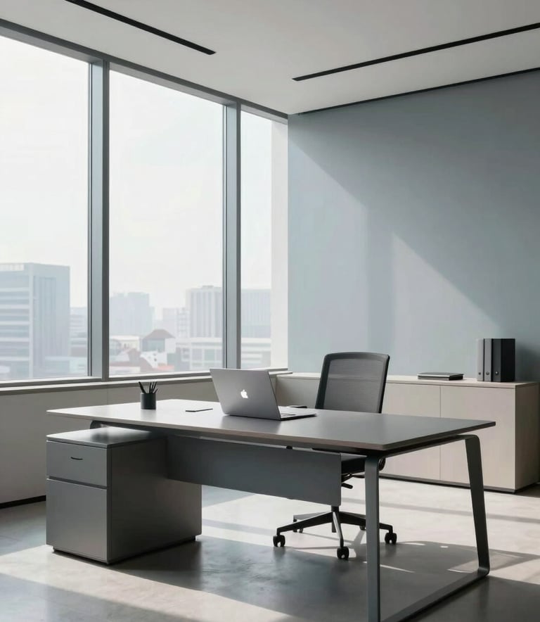 An elegant, wide-angle shot of a modern, minimalist office interior. Large windows allow natural light to hit a sleek desk with a high-end laptop. The room is decorated with subtle accents in muted blue-grey and soft off-white, exuding professionalism and digital expertise.