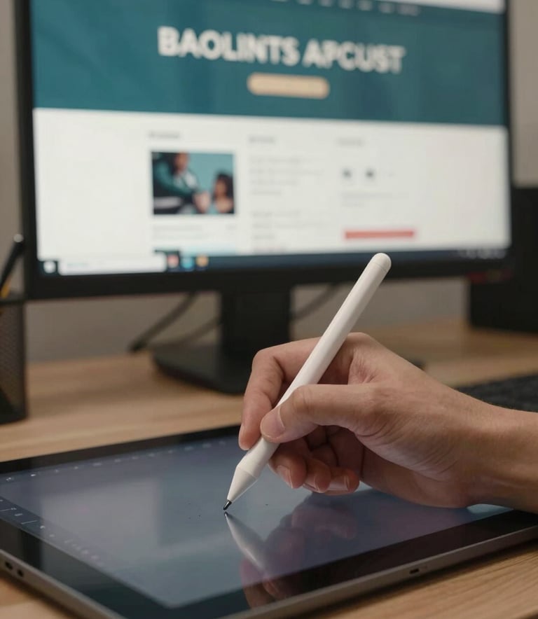 A close-up photograph of a professional designer's hands using a precision stylus on a digital tablet. In the background, a blurred high-resolution monitor displays a website layout featuring deep teal and soft off-white elements. The lighting is clean and focused, reflecting a modern studio environment.