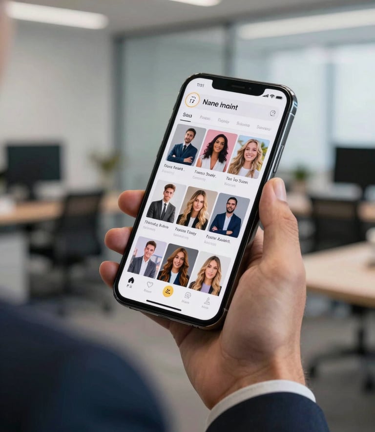 A close-up of a high-end smartphone displaying a vibrant social media feed, held by a professional in a deep charcoal blue suit in a modern office.