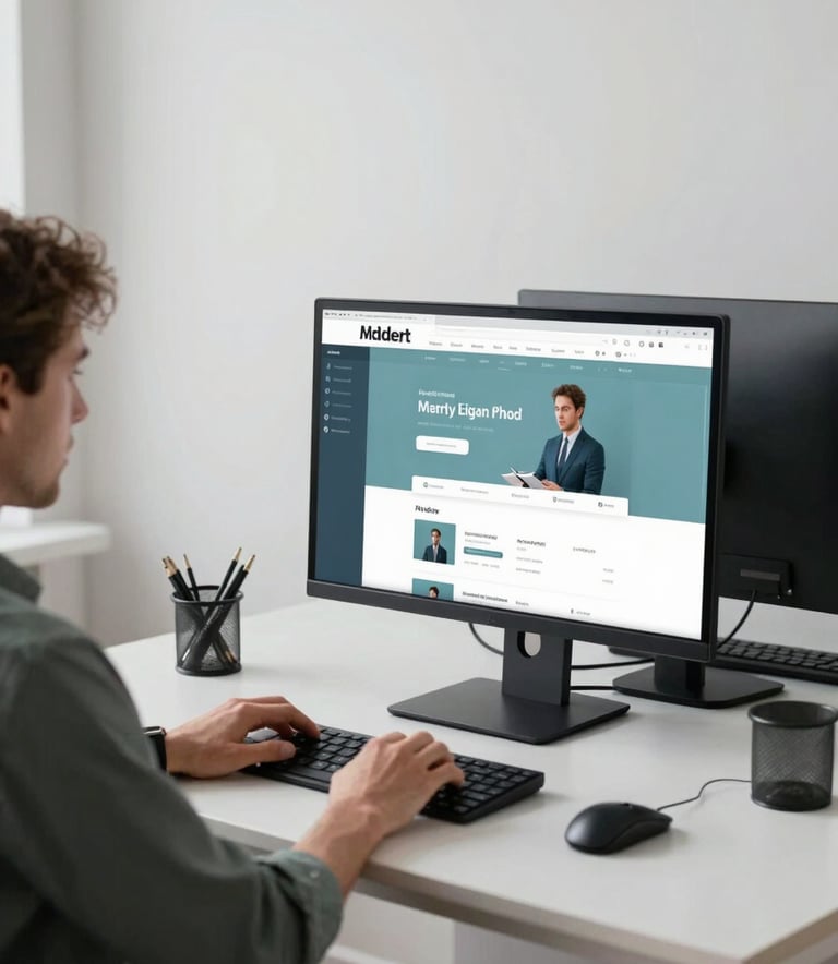 A bright, minimalist office interior with a designer working on a dual-monitor setup showing a clean website layout, accented with muted teal blue decor.