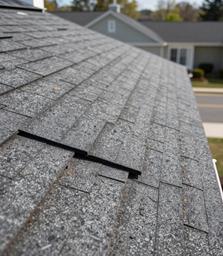 A close-up of a high-quality residential roof installation showing new architectural shingles being perfectly aligned, bright daylight, North American / US.
