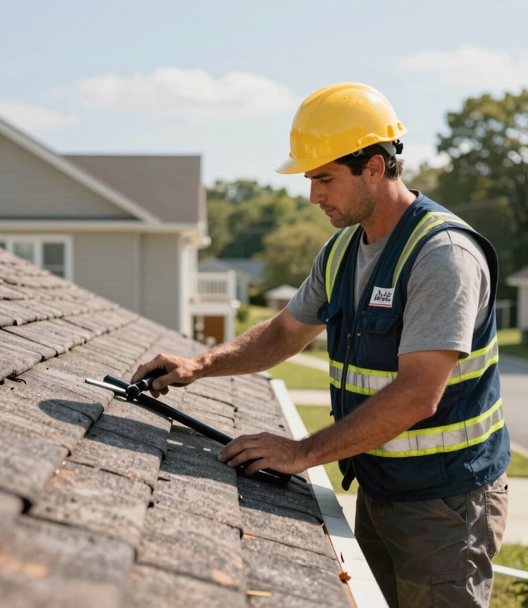A professional roofing contractor wearing a branded navy vest and safety gear inspecting a house roof, daytime exterior, North American / US.