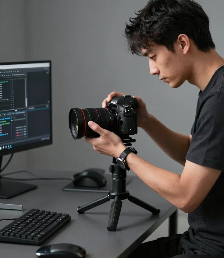 A professional North American / US creator in a high-end digital workspace, focusing on setting up a sleek camera for a desk-tour shoot. The environment is organized, minimalist, and uses charcoal gray and deep black tones.