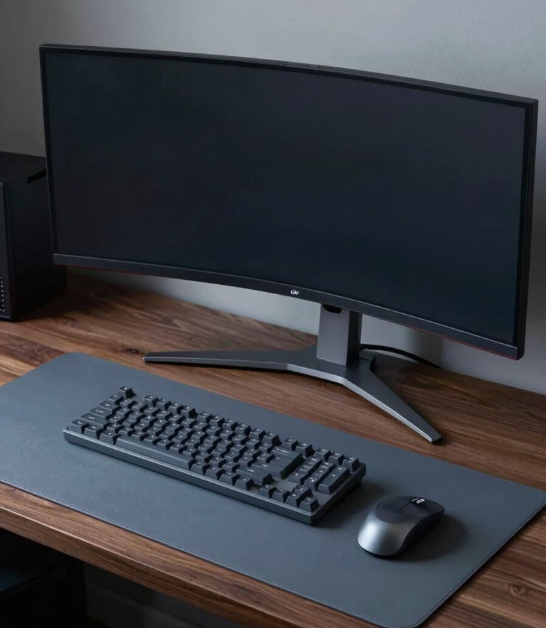 A high-end, minimalist gaming setup in a North American / US home office. The desk is a clean, dark wood surface featuring a single ultra-wide monitor, a charcoal gray mechanical keyboard, and a muted slate blue desk mat. The lighting is soft and moody, emphasizing a professional and focused atmosphere.