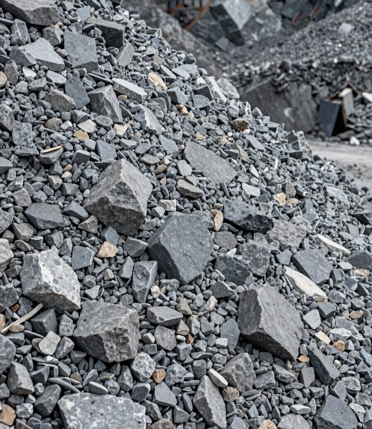 A close-up photograph of high-quality crushed gray stone and gravel, crisp details, natural daylight, professional industrial photography style, South American / Brazilian quarry site.