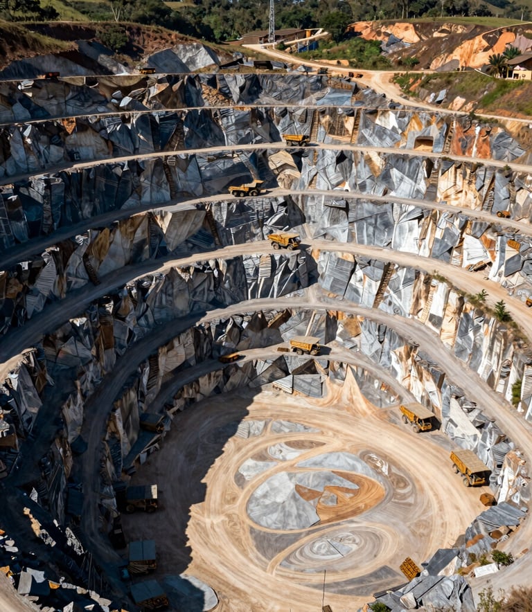 A high-angle, wide shot of a massive limestone quarry in Rurópolis, Brazil, showing layers of earth and large mining trucks, bright midday sun, deep slate and earthy green tones.
