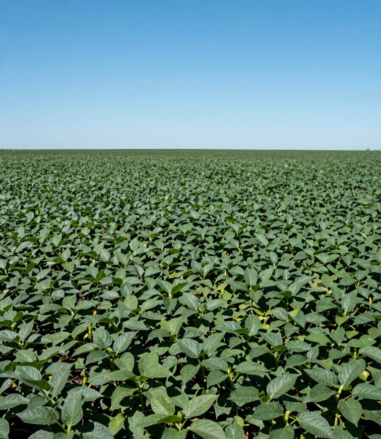 A vast, productive green soybean field under a bright blue sky, deep green foliage, South American / Brazilian agriculture landscape, clean and professional composition.
