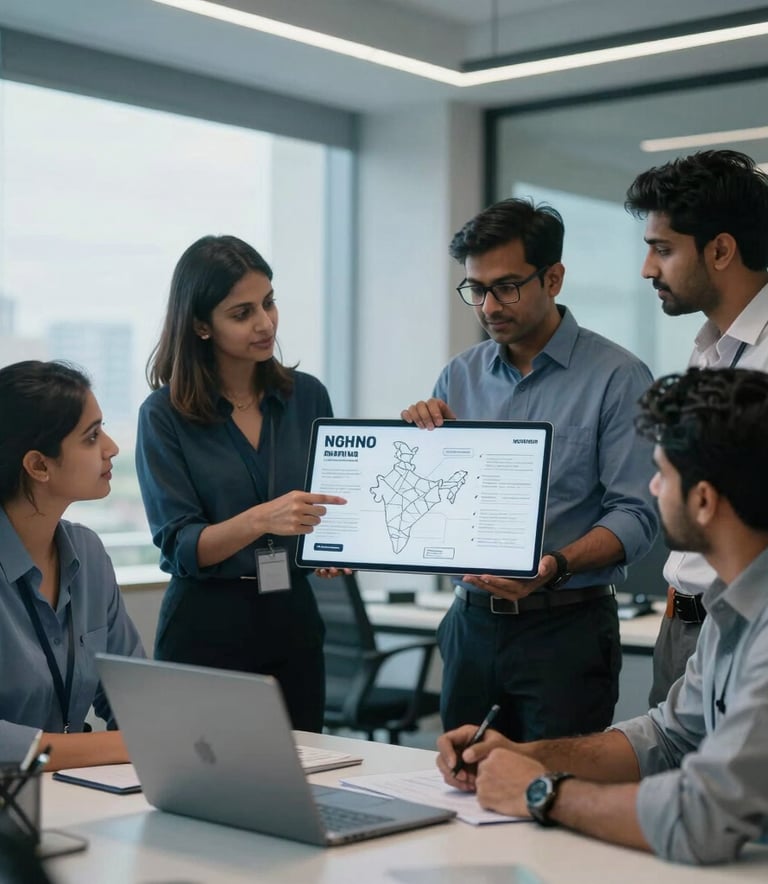 A sleek, modern office in Mumbai with a South Asian / Indian professional team discussing a digital branding map of India, morning soft blue lighting, professional photography.