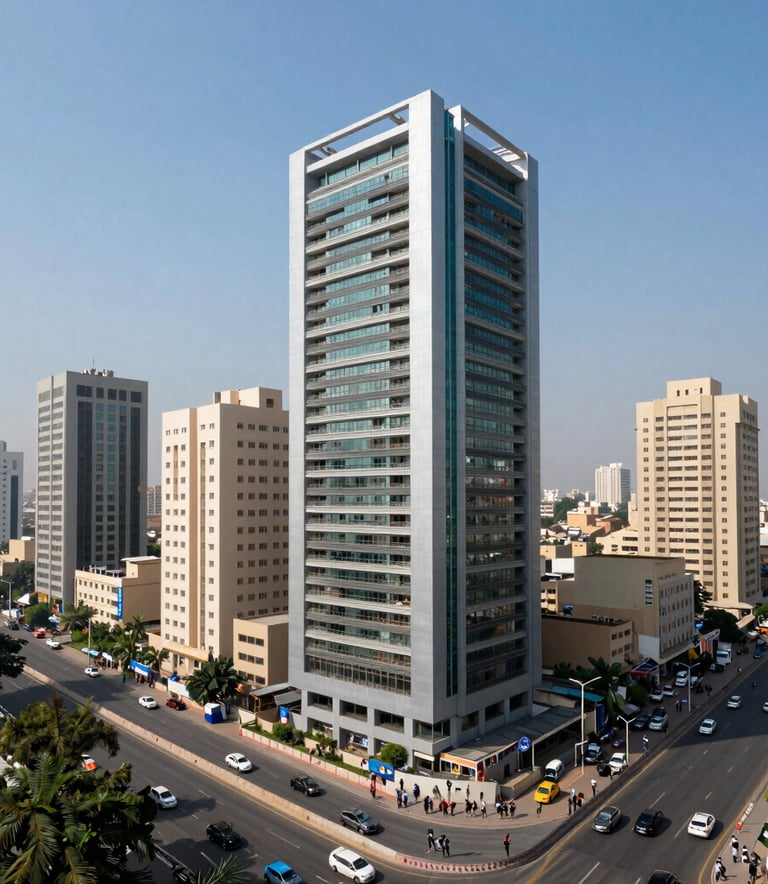 A massive, high-impact outdoor hoarding overlooking a bustling multi-lane highway in a modern South Asian city, bright daylight, steel blue sky, sharp architectural details.