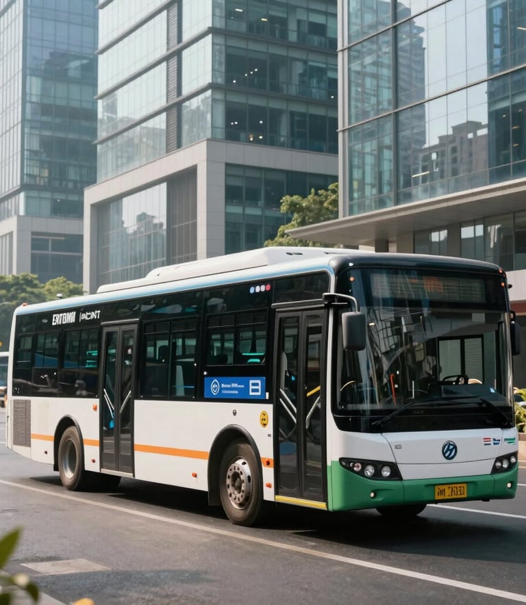 A sleek city bus with premium transit branding driving past contemporary glass buildings in a major Indian metropolitan hub, bright professional lighting.