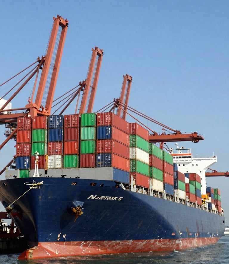 A massive shipping container ship with vibrant red and forest green containers docking at a North American port. Wide-angle photography with clear blue skies and industrial cranes, emphasizing global logistics efficiency.